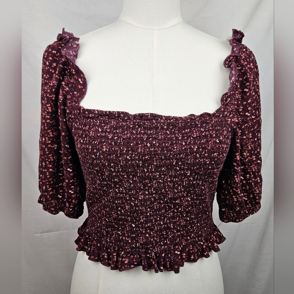 Arizona Jean Company Plum Floral Smocked Square Neck Blouse